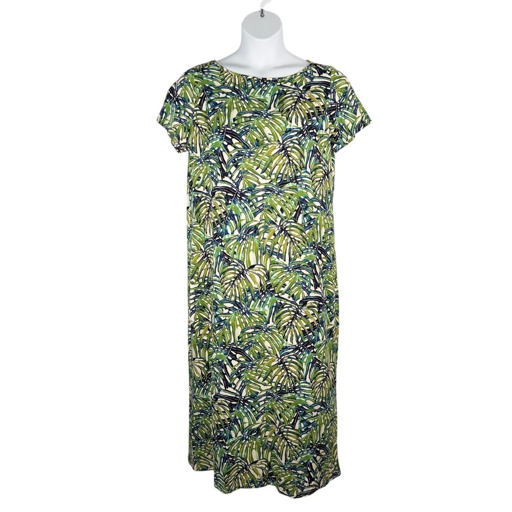 J Jill‎ Dress Large Green Blue Tropical Print Boat Neck Maxi Wearever Collection